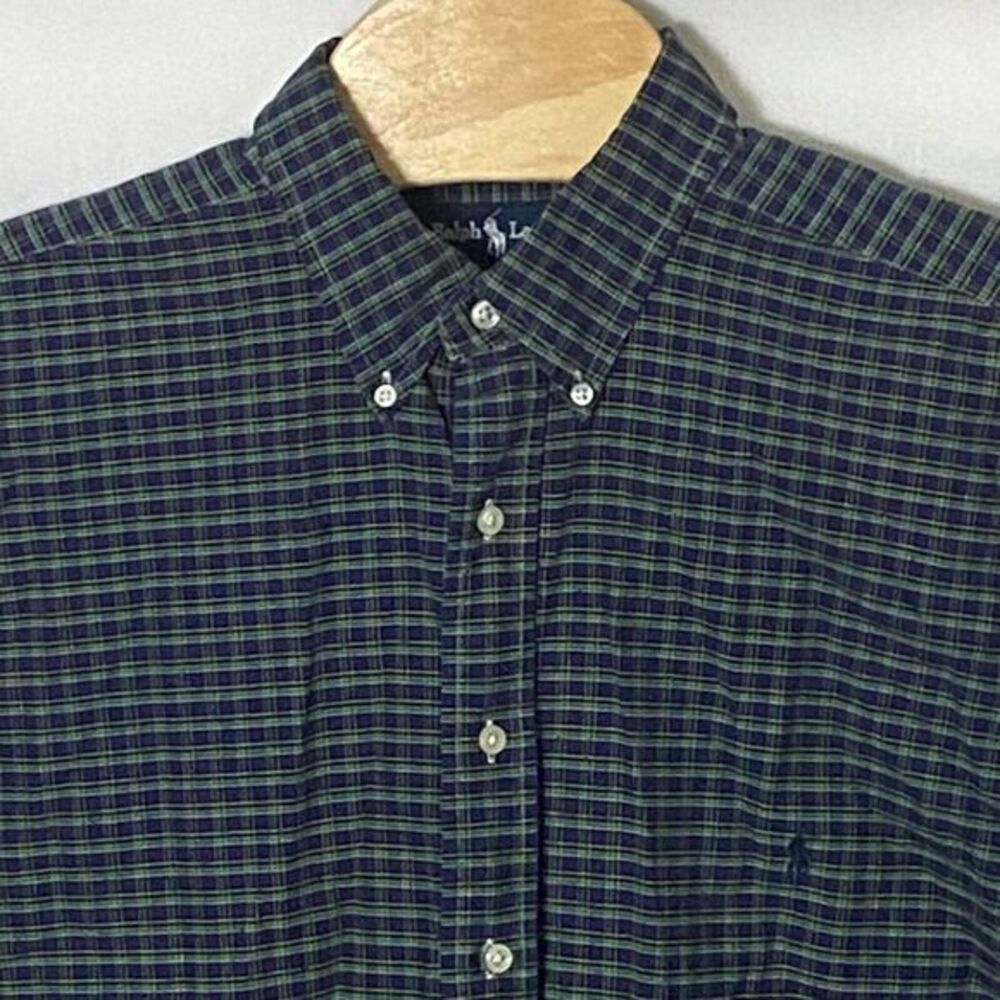Ralph Lauren Mens Shirt XLT Navy Green Plaid Long Sleeve Heavy Cotton‎ Tall